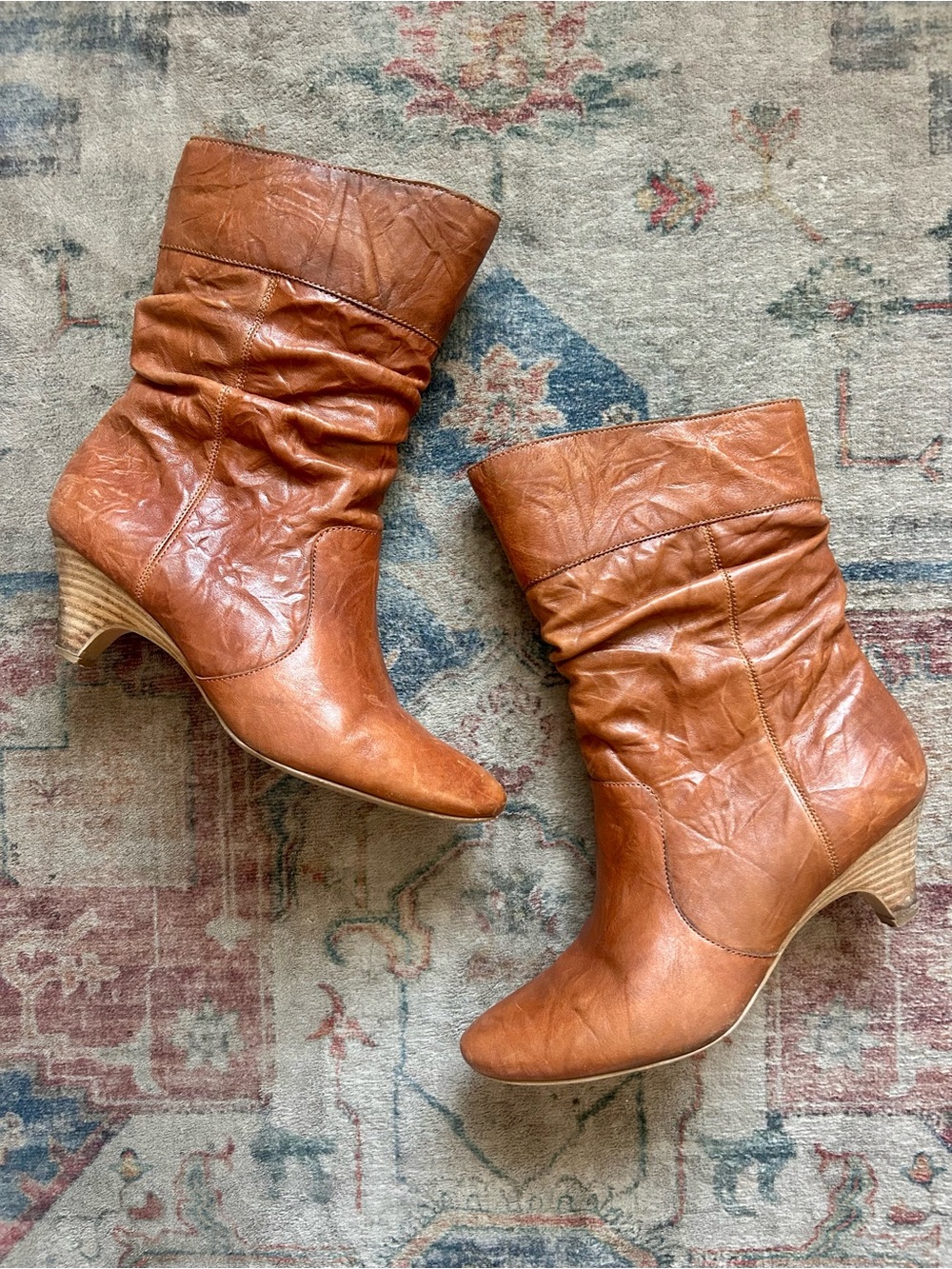 Jessica Simpson Leather Slouch Heeled Boots Cognac Wooden Kitten Heel Fall